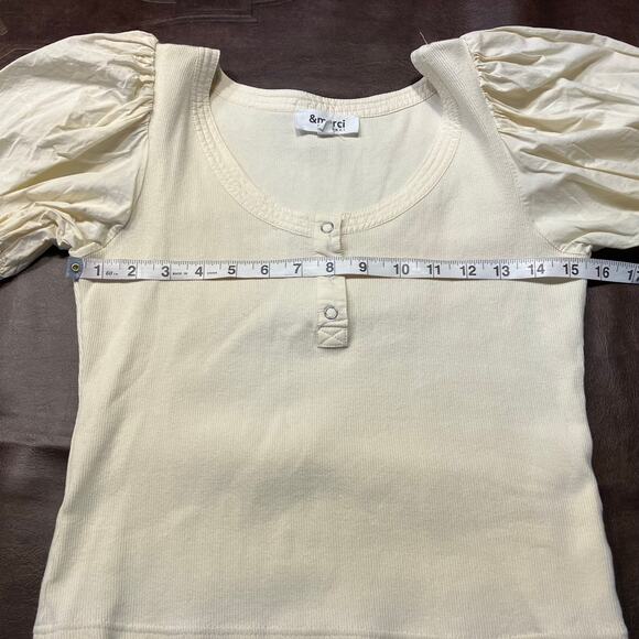&Merci Cream Puff Sleeve Top M Henley Rib Knit Stretch Romantic Cottagecore - Picture 12 of 13